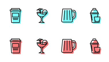 Sıra ahşap bira kupası, paket kahve fincanı, kokteyl ve sallama ikonu. Vektör