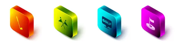 Set Isométrico club de golf, bandera, etiqueta y agujero con icono. Vector — Vector de stock