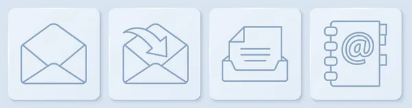 Envelope 라인 Envelope, Drawer with document, Envelope and Address book. 흰색 네모 단추. Vector — 스톡 벡터