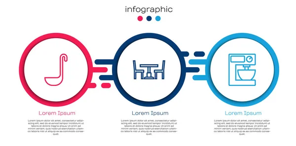 Zestaw linii chochli kuchennej, drewniany stół z krzesłem i mikser elektryczny. Szablon infograficzny biznesu. Wektor — Wektor stockowy