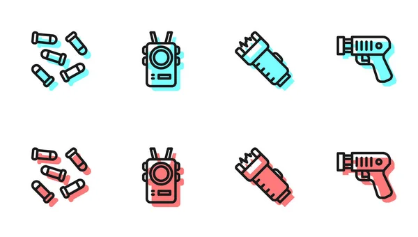 Set line Police electric shocker, Bullet, body camera and icon. Vector — Stock Vector