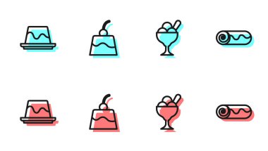 Dondurmayı kaseye, pudingi kremaya ve çikolatalı pasta ikonuna koy. Vektör