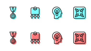 Lamba ampulü, madalya, kilo kaybı ve hedef ikonu ile insan hattını ayarlayın. Vektör