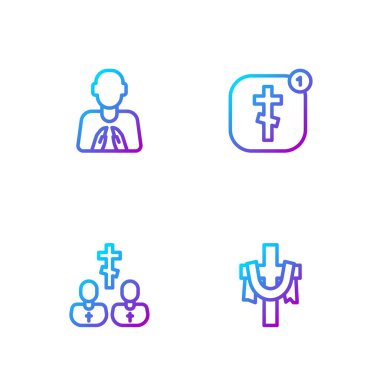 Hristiyan haçı, rahip eller dua pozisyonunda ve online kilise papazı vaaz veriyor. Renk simgeleri. Vektör