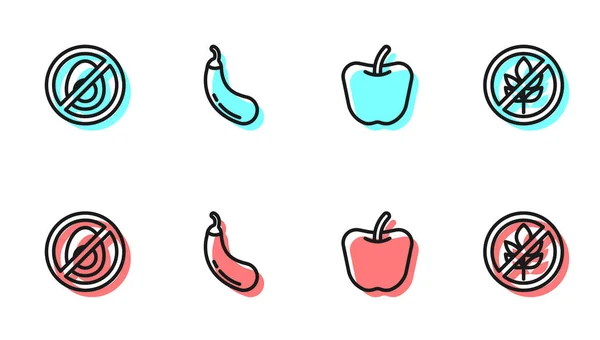 Définir la ligne Pomme, Pas de viande, Aubergine et sans gluten icône de grain. Vecteur — Image vectorielle