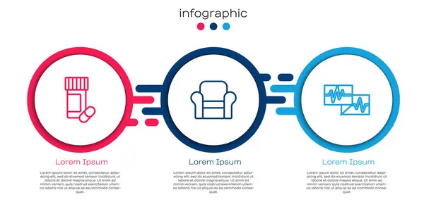 Set line Flacon et pilules de médecine, fauteuil et moniteur avec cardiogramme. Modèle d'infographie d'entreprise. Vecteur — Image vectorielle