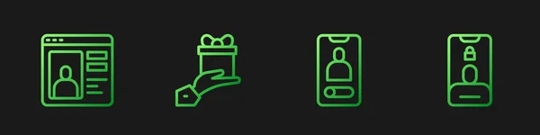 Définir la ligne Appel entrant sur mobile, Sortir ensemble app en ligne, Donner un cadeau et. Icônes de couleurs dégradées. Vecteur — Image vectorielle