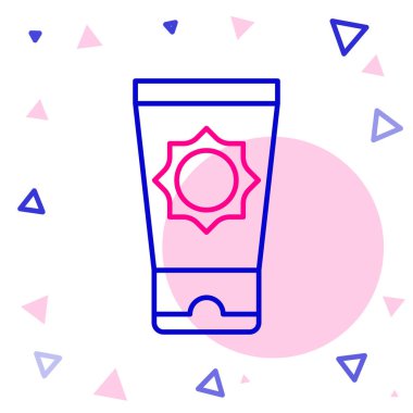 Beyaz arkaplanda izole edilmiş tüp simgesiyle çizgi güneş kremi. Cilt için güneş ultraviyole ışığından koruma. Renkli taslak konsepti. Vektör.