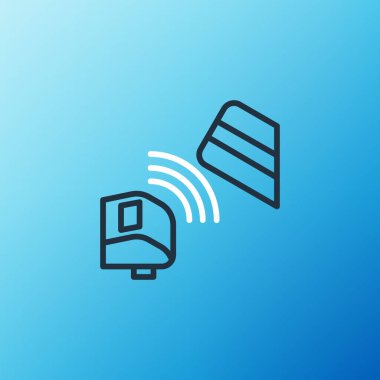 Hat POS terminali, eklenen kredi kartı ve yazdırılmış alıcı simgesi mavi arkaplanda izole edildi. NFC ödeme konsepti. Renkli taslak konsepti. Vektör.