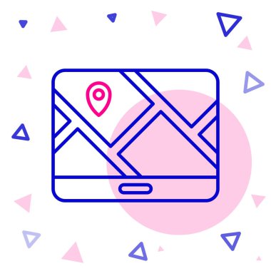 Şehir haritası gezinme simgesinin çizgi bilgileri beyaz arkaplanda izole edildi. Mobil Uygulama Arayüzü tasarımı. Coğrafi konsept. Renkli taslak konsepti. Vektör.