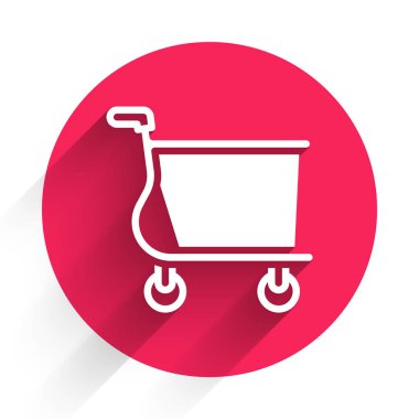 Uzun gölgeli beyaz alışveriş arabası ikonu. İnternetten satın alma konsepti. Servis tabelası. Süpermarket sepeti sembolü. Kırmızı daire düğmesi. Vektör.