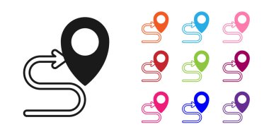 Siyah Yol konum simgesi beyaz arkaplanda izole edildi. Harita işaretçisi işareti. Yol ya da yol kavramı. GPS navigatörü. Simgeleri renklendirin. Vektör.