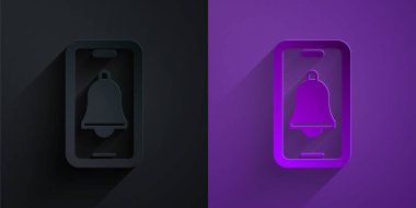 Gazete, mor arka planda siyah üzerine izole edilmiş hastane ikonuna acil durum cep telefonu araması. Kağıt sanatı tarzı. Vektör.