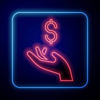 Parlayan neon el kara arka planda izole para ikonu tutuyor. Dolar ya da USD sembolü. Nakit bankacılık tabelası. Vektör.
