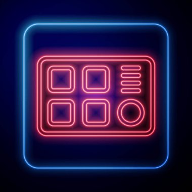 Parlayan neon davul makinesi simgesi siyah arkaplanda izole edildi. Müzik aletleri. Vektör.