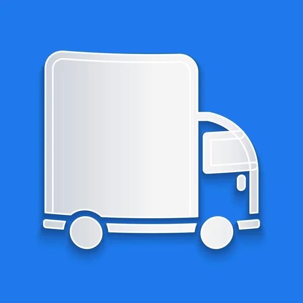 Χαρτί Περικοπή Παράδοση Φορτηγό Όχημα Εικονίδιο Απομονώνονται Μπλε Φόντο Στυλ — Διανυσματικό Αρχείο
