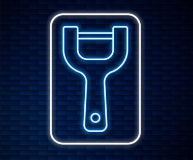 Glowing neon line Vegetable peeler icon isolated on brick wall background. Knife for cleaning of vegetables. Kitchen item, appliance. Vector.