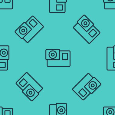 Siyah çizgi Eylem ekstrem kamera simgesi yeşil arka planda izole edilmiş kusursuz desen. Ekstrem sporları çekmek için video kamera ekipmanı. Vektör.