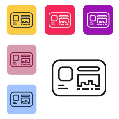 Beyaz arkaplanda siyah çizgi tanımlama simgesi izole edildi. Sunum için, şirketin kimliği için, reklam için kullanılabilir. Renkli kare düğmelerle simgeleri ayarla. Vektör.