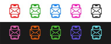 Set line Mobile and envelope, new message, mail icon isolated on black and white background. Usage for e-mail newsletters, headers, blog posts. Vector.