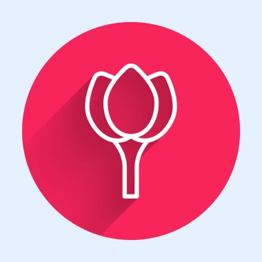 White line Flower tulip icon isolated with long shadow. Red circle button. Vector.