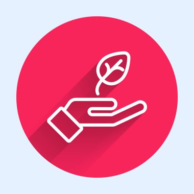 White line Plant in hand of environmental protection icon isolated White line background. Seed and seedling. Planting sapling. Ecology concept. Red circle button. Vector.