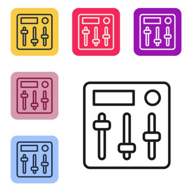 Siyah çizgi Ses Karıştırıcı simgesi beyaz arkaplanda izole edildi. DJ ekipman kaydırma düğmeleri. Konsol karıştırılıyor. Renkli kare düğmelerle simgeleri ayarla. Vektör.