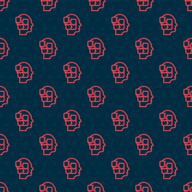 Red line Human head puzzles strategy icon isolated seamless pattern on black background. Thinking brain sign. Symbol work of brain. Vector.