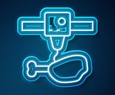 Glowing neon line 3D printer chicken leg icon isolated on blue background. 3d printing. Vector.