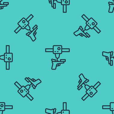 Black line 3D printer gun icon isolated seamless pattern on green background. 3d printing. Vector.