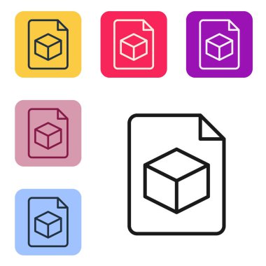 Black line Isometric cube file icon isolated on white background. Geometric cubes solid icon. 3D square sign. Box symbol. Set icons in color square buttons. Vector.