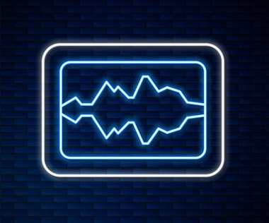 Parlayan neon hattı müzik dalgası eşitleyici simgesi tuğla duvar arka planında izole edildi. Ses dalgası. Ses dijital dengeleyici teknolojisi, konsol paneli, nabız müzikali. Vektör.