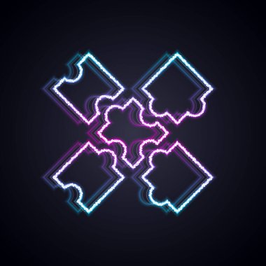 Parlayan neon hattı yapboz parçaları siyah arkaplanda izole edilmiş oyuncak ikonu. Vektör.