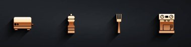 Set Toaster, Pepper, Fork and Coffee machine icon with long shadow. Vector.