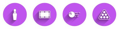 Set Bowling pin, Billiard table, ball and balls rack triangle icon with long shadow. Vector.