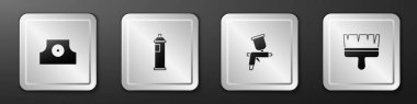 Set Spray can nozzle cap, Paint spray, gun and brush icon. Silver square button. Vector.