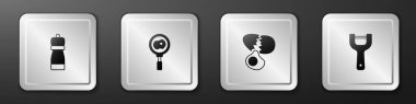 Set Pepper, Fried eggs on frying pan, Broken and Vegetable peeler icon. Silver square button. Vector.