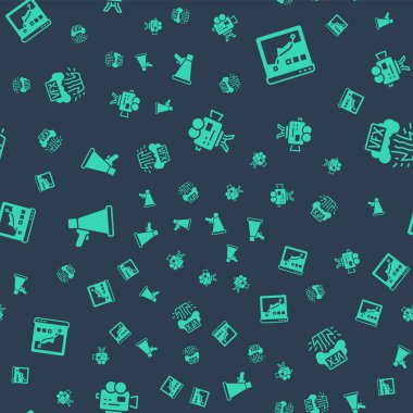 Set Retro cinema camera, Histogram graph photography, Megaphone and VFX on seamless pattern. Vector.