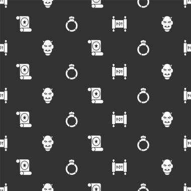 Set Magic scroll, Mask of the devil with horns, and stone ring gem on seamless pattern. Vector.