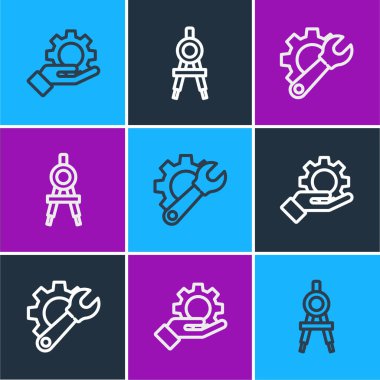 Set line Settings in the hand, Wrench spanner gear and Drawing compass icon. Vector.