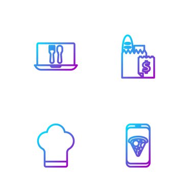 Set line Food ordering pizza, Chef hat, Online and delivery and . Gradient color icons. Vector.