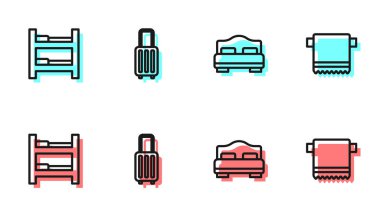 Set line Hotel room bed, , Suitcase and Towel on hanger icon. Vector.