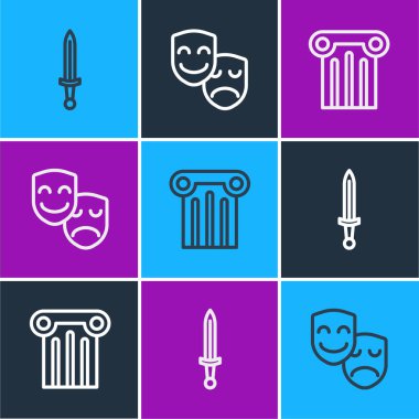 Set line Medieval sword, Ancient column and Comedy and tragedy masks icon. Vector.