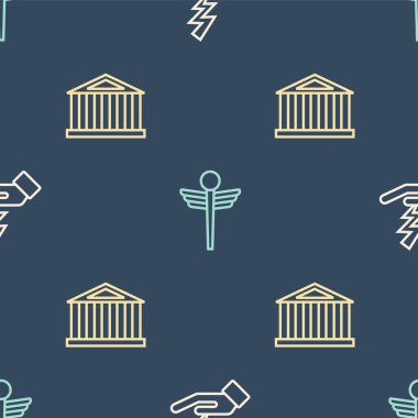 Set line Zeus, Parthenon and Caduceus snake medical on seamless pattern. Vector.