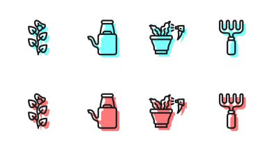 Set line Spraying plant, Ivy branch, Watering can and Garden rake icon. Vector.