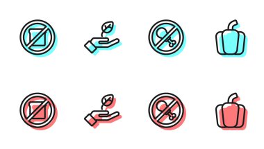 Set line No meat, Gluten free grain, Plant hand and Bell pepper icon. Vector.