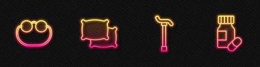 Set line Walking stick cane, Eyeglasses, Pillow and Medicine bottle and pills. Glowing neon icon. Vector.