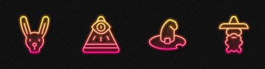 Set line Witch hat, Rabbit with ears, Masons and Wizard warlock. Glowing neon icon. Vector.