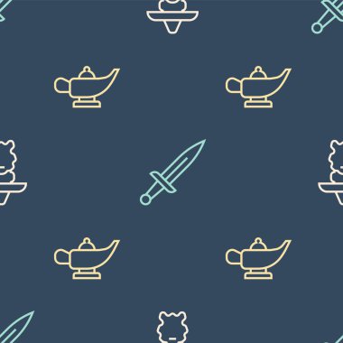 Set line Wizard warlock, Magic lamp or Aladdin and Dagger on seamless pattern. Vector.