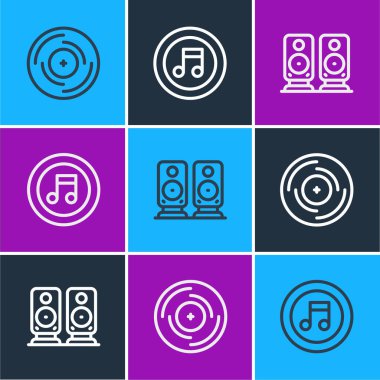 Set line Vinyl disk, Stereo speaker and Music note, tone icon. Vector.